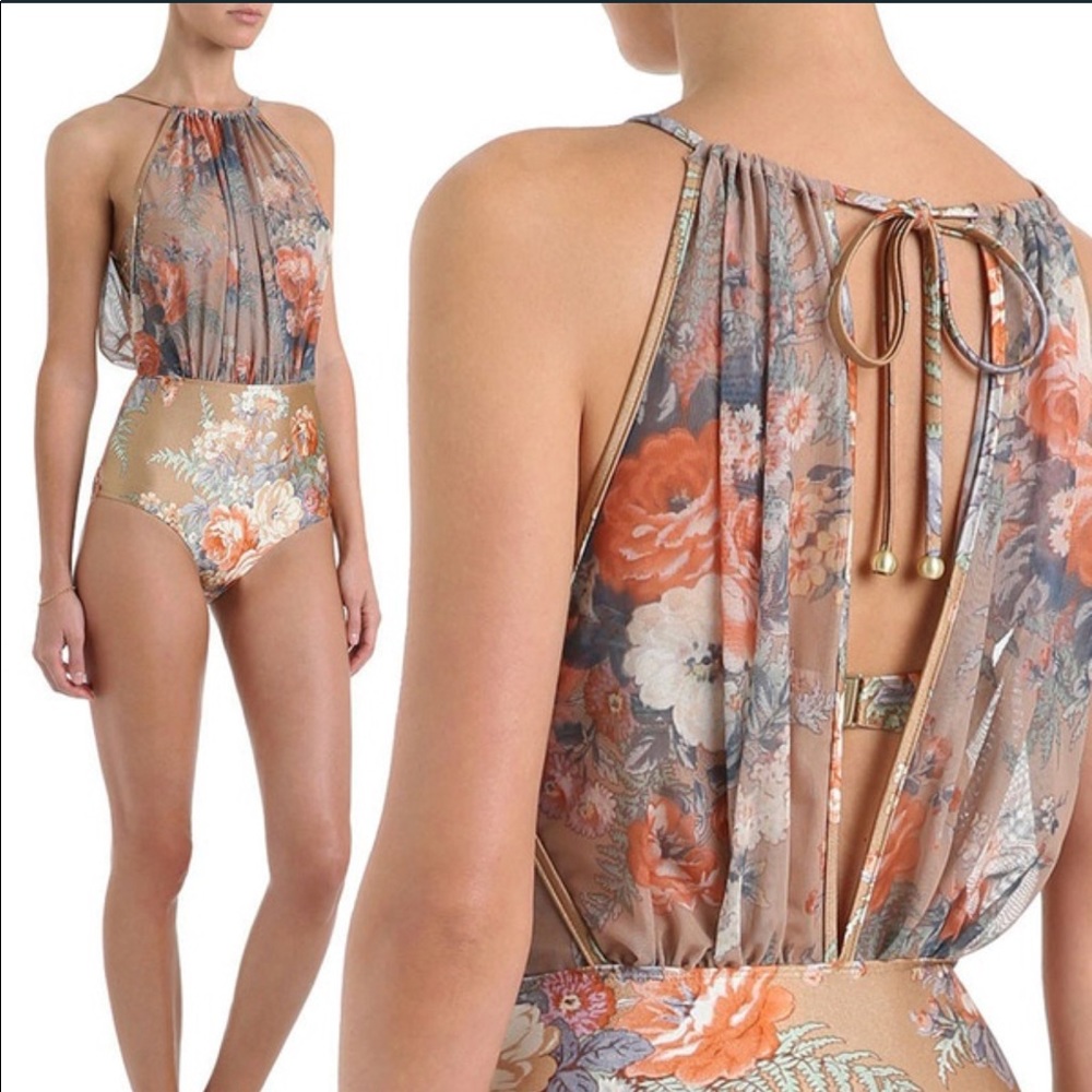Tan Flower Monokini Padded Bra One-Piece Swimsuit - Picture 7 of 8